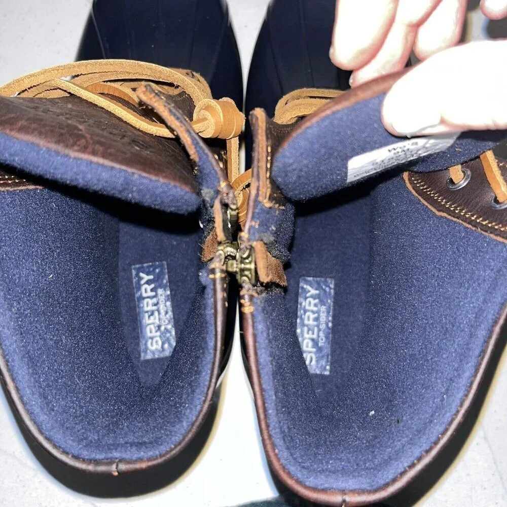 SPERRY Women's Saltwater Duck Boot Leather Size 9 US Brown Blue Gum Rubber Zip